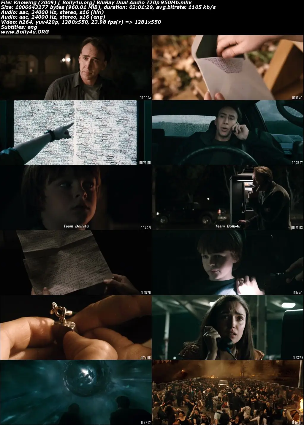 Knowing 2009 BRRip 950Mb Hindi Dual Audio ORG 720p Download